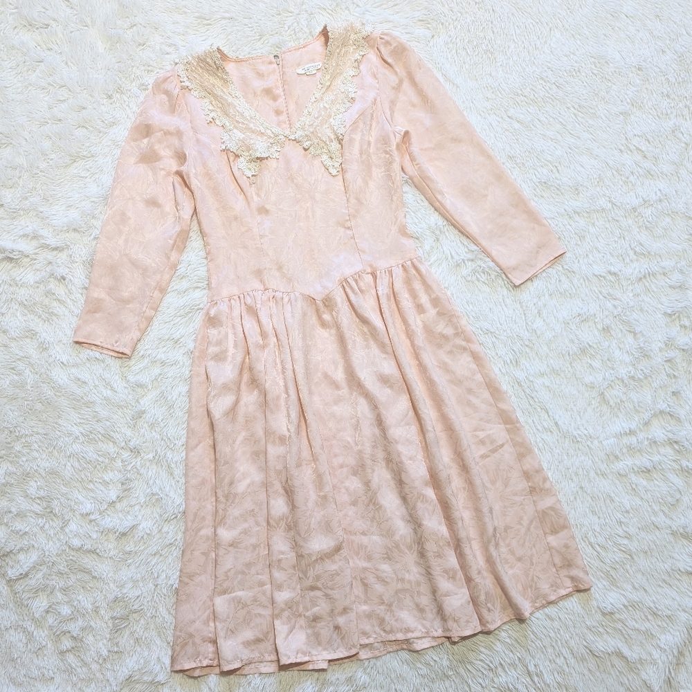 🔴SALE! 80s Vintage Gunnies Pink Satin Floral Lace Collar Cottage Dress Size 5-6